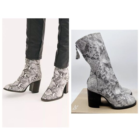 Free People Elle Women’s Mid Calf Boots Block Heel Snake White Gray EU 36 US 6 - Picture 1 of 13